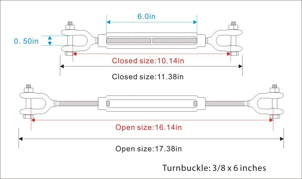CTSC Hot Dipped Galvanized Steel Jaw and Jaw Turnbuckle, 3500 lbs Working Load Limit, 3/8" Threaded Diameter x 12in - Durable, Weather Resistant (Silver)