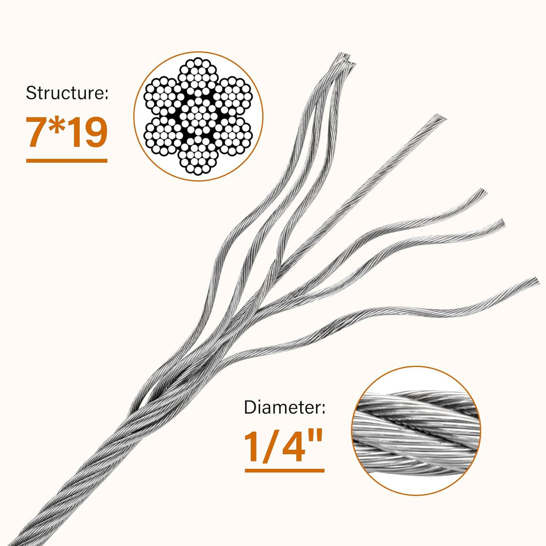 ZIPEAK Heavy-duty 1/4 Inch Aircraft Cable Galvanized Steel Zipline Cable with 6400 lbs Breaking Strength