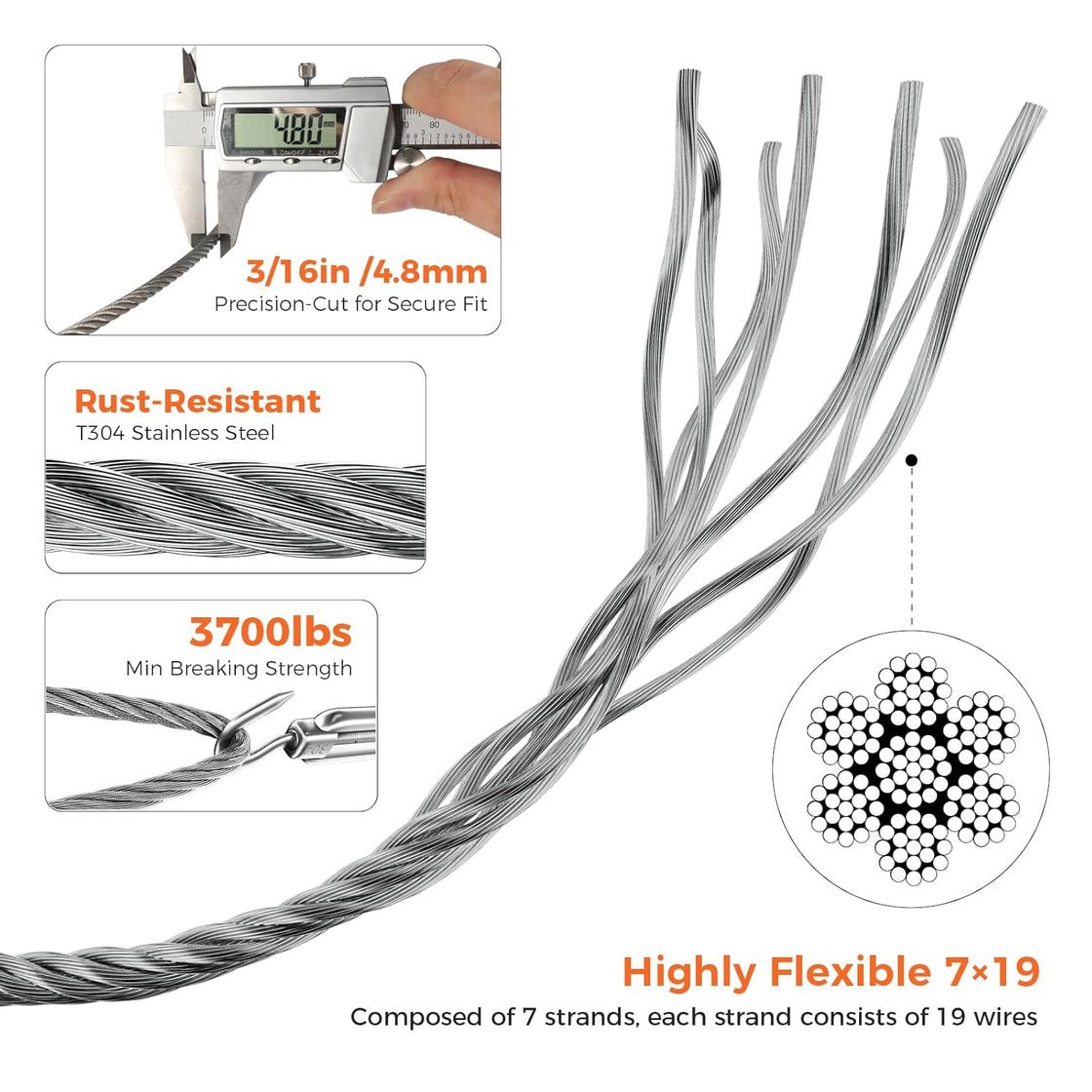 ZIPEAK Heavy-duty 3/16 Inch Aircraft Cable Galvanized Steel Zipline Cable with 4000 lbs Breaking Strength