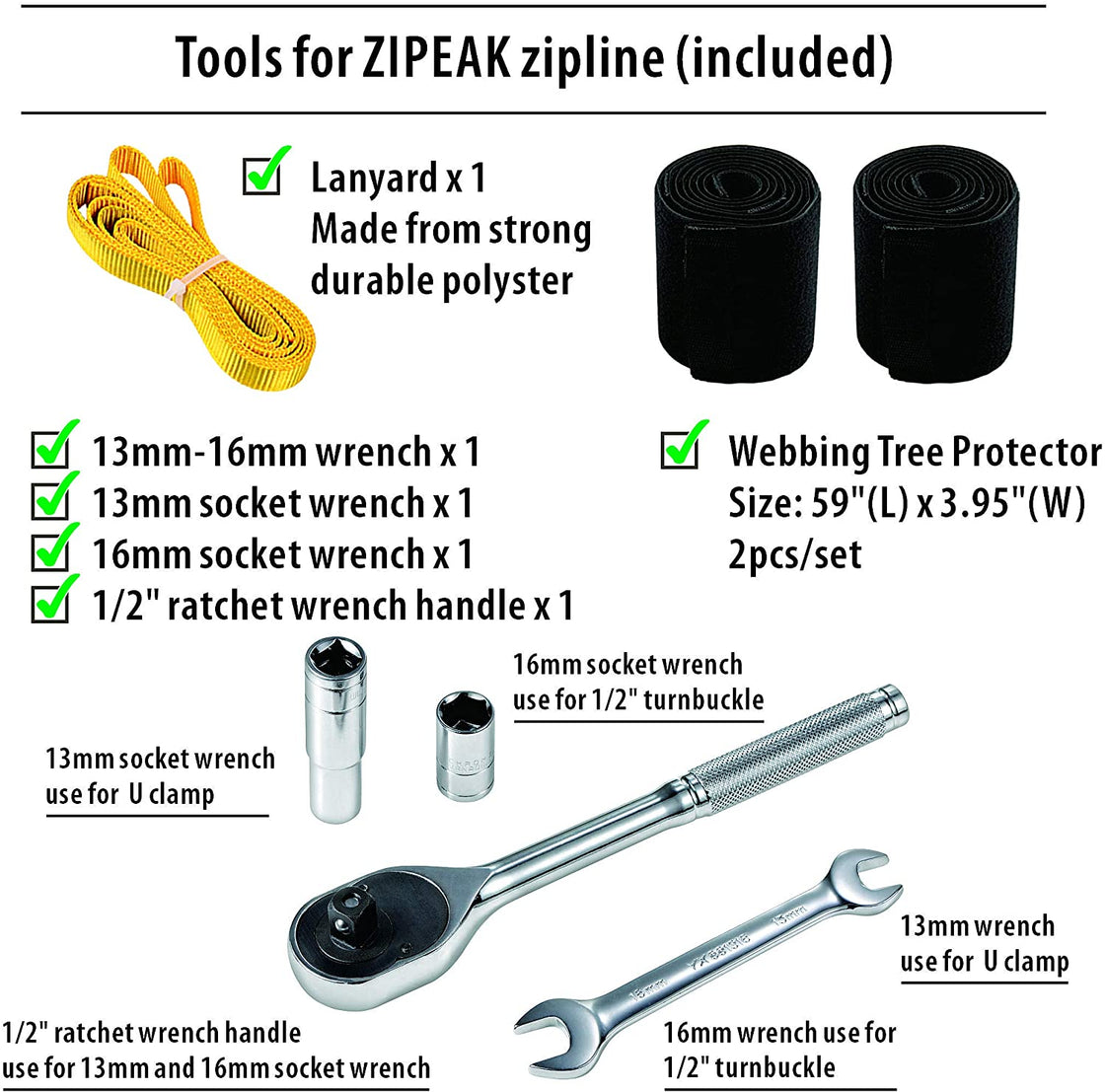 CTSC 1/2" Ratchet Handle with Knurled Non-Slip Grip, 13mm & 16mm Socket Wrench Set, 9.8" Heavy-Duty Length for Backyard Zipline & Outdoor Sports Equipment Installation CTSC