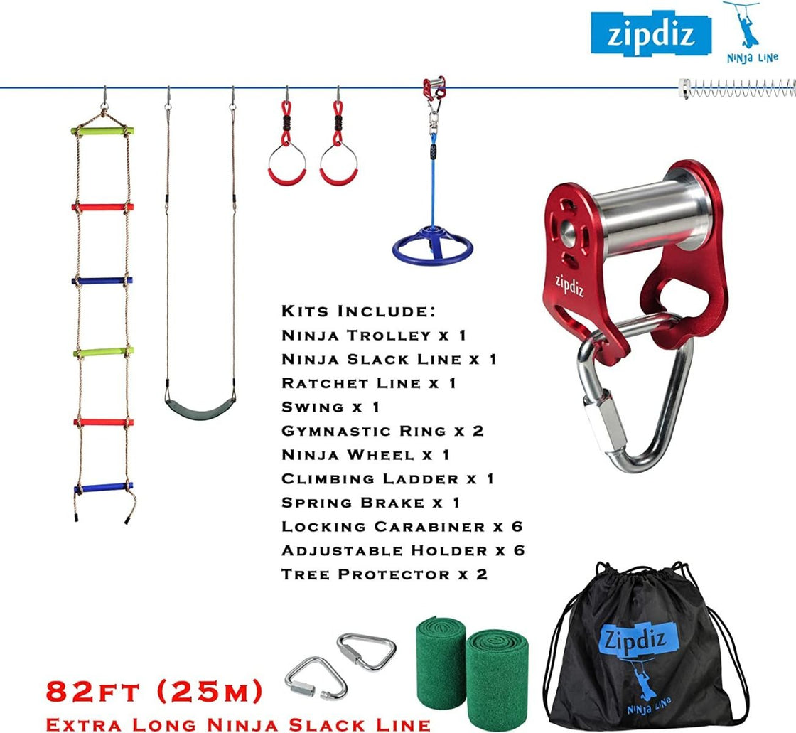 Zipdiz Ninja Slackline Kit with Full Accessories Ninja Slider Slackline Pulley Spring Brake Colorful Fun For The Whole Family New (up to 250lbs) (RED)