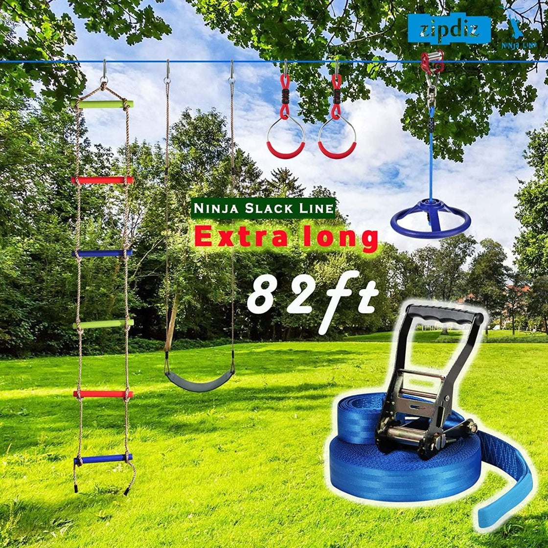 Zipdiz Ninja Slackline Kit with Full Accessories Ninja Slider Slackline Pulley Spring Brake Colorful Fun For The Whole Family New (up to 250lbs) (RED)