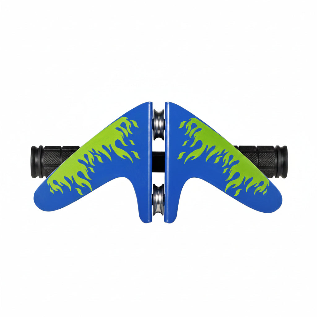 Blue and green handlebar grips with flame design on a white background