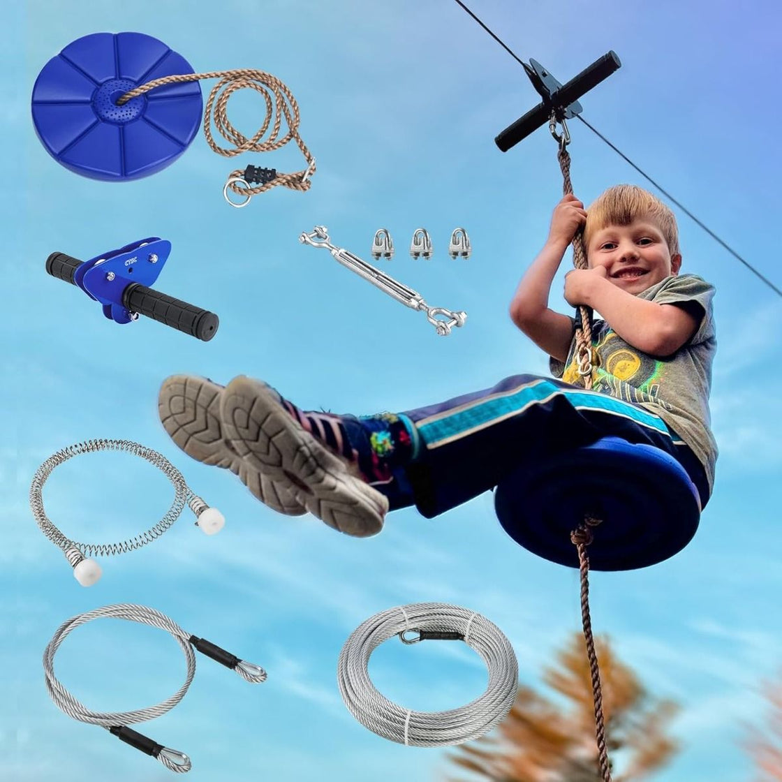 CTSC Backyard Zip Line Kit For Kids and Adult 95 Foot With Spring Brake And Seat Ziplines Tyrolienne Flying Fox Zip Wire Perfect Holiday Toy Gifts For Kids Instructions Included (Up to 250lbs)