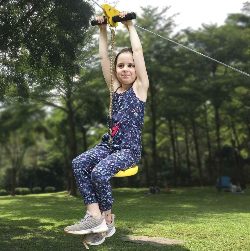 CTSC Backyard Zip Line Kit For Kids and Adult 95 Foot With Spring Brake And Seat Ziplines Tyrolienne Flying Fox Zip Wire Perfect Holiday Toy Gifts For Kids Instructions Included (Up to 250lbs)