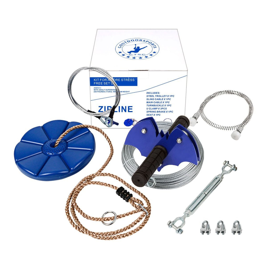CTSC Zip Line Kits 95' For Kids and Adults Including Stainless Spring Brake and Plastic Seat with Rope Length Adjustable (up to 250lbs) (BLUE Bat)