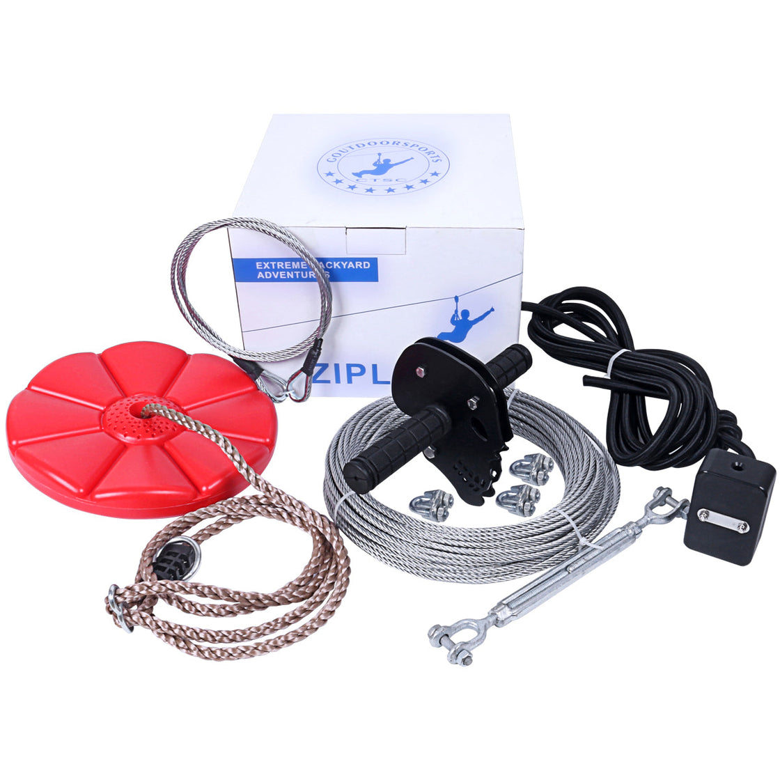 CTSC Zip Line Kits 95' For Kids and Adults Including Stainless Spring Brake and Plastic Seat with Rope Length Adjustable (up to 250lbs) (BLACK Skull)