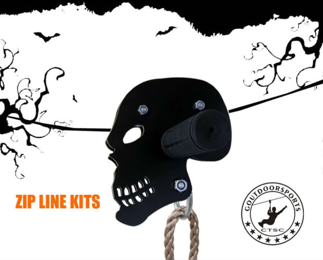 CTSC Zip Line Kits 95' For Kids and Adults Including Stainless Spring Brake and Plastic Seat with Rope Length Adjustable (up to 250lbs) (BLACK Skull)