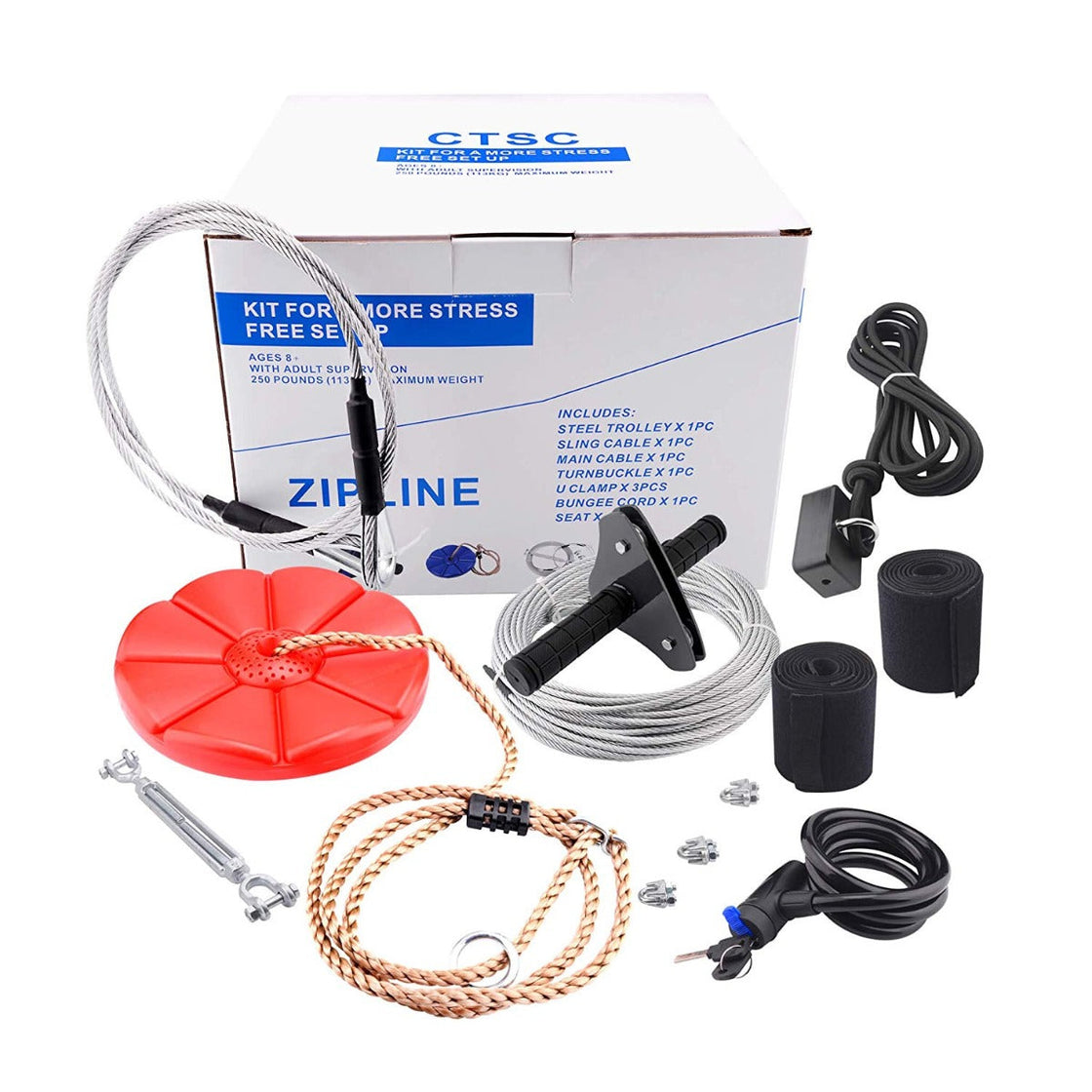 CTSC Zip Line Kit 95 Foot for Kids and Adult with Brake and Seat, Parents Lock and Tree Protectors (up to 250lbs)