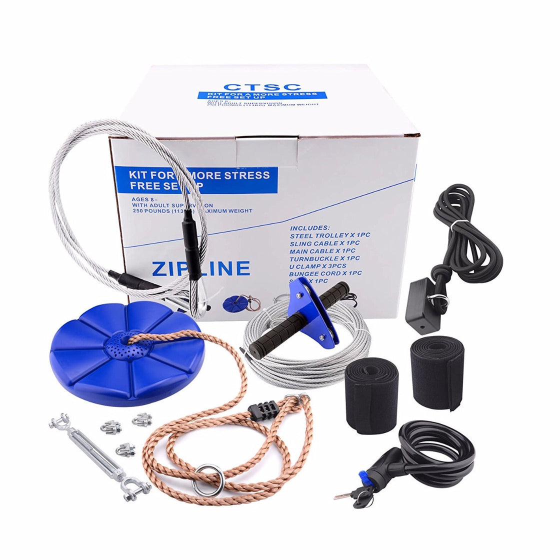 CTSC Zip Line Kit 95 Foot for Kids and Adult with Brake and Seat, Parents Lock and Tree Protectors (up to 250lbs)