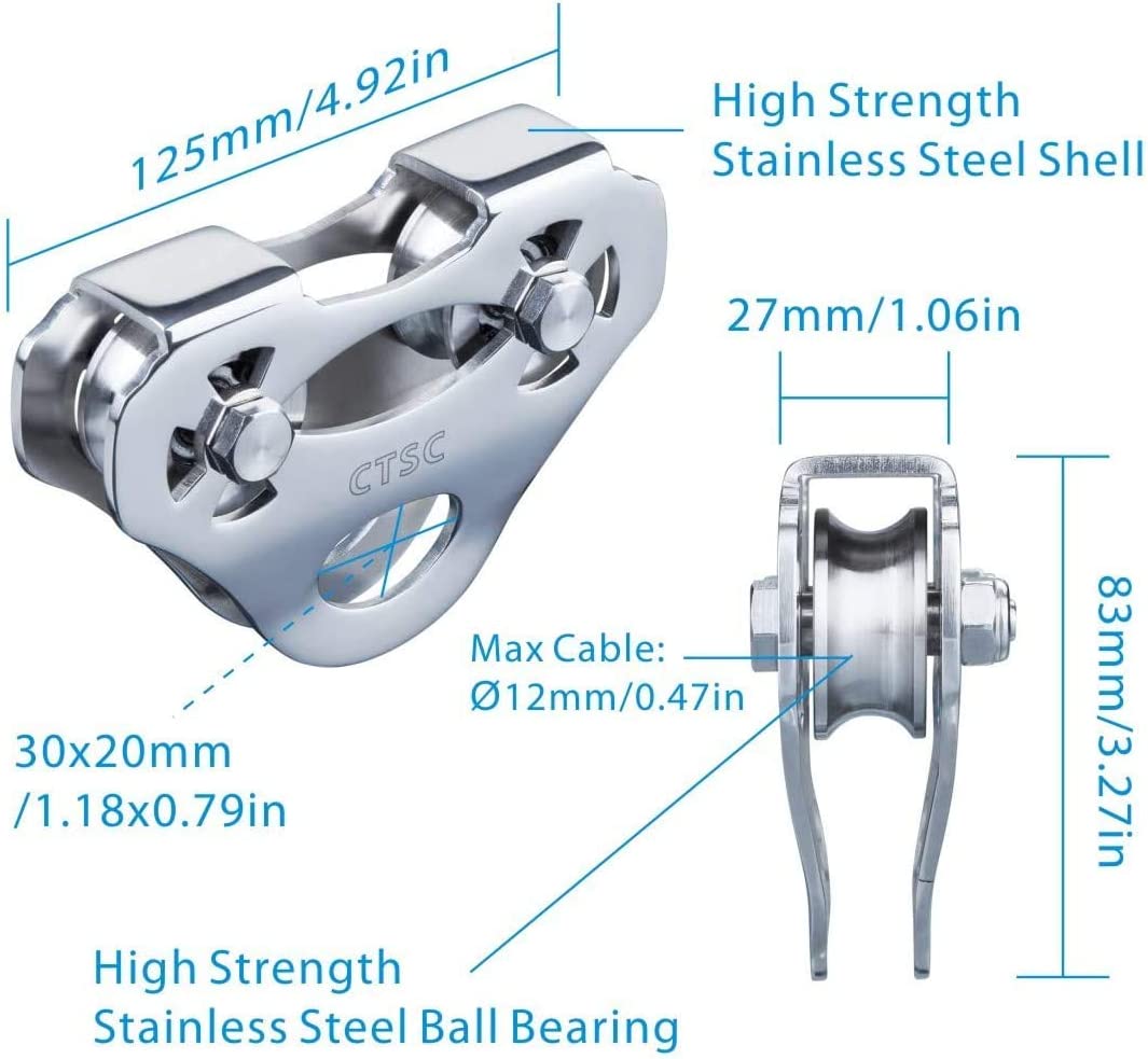 CTSC Zip Line Stainless Steel Trolley Pulley With Oval Carabiner For Zipline, Hauling, Rigging Upto 800lbs Sturdy Acting For Both Home And Commercial Use Working For Both Kids & Adults (Silver)