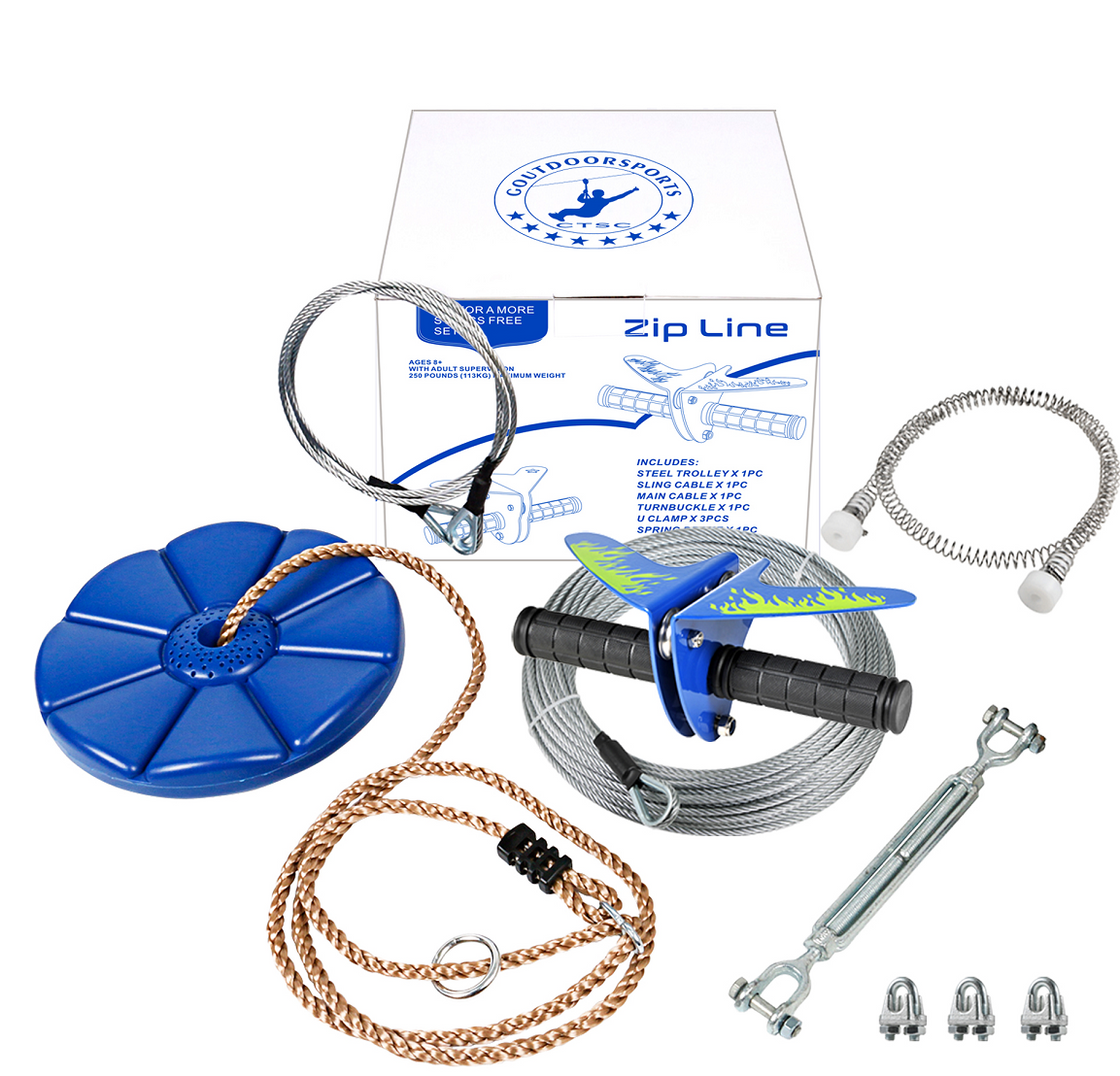 CTSC 110' Airplane Zip Line Kit with Spring Brake and Seat Zipline for Backyard Bring You Colorful Fun and Many Enjoyment (up to 250lbs)
