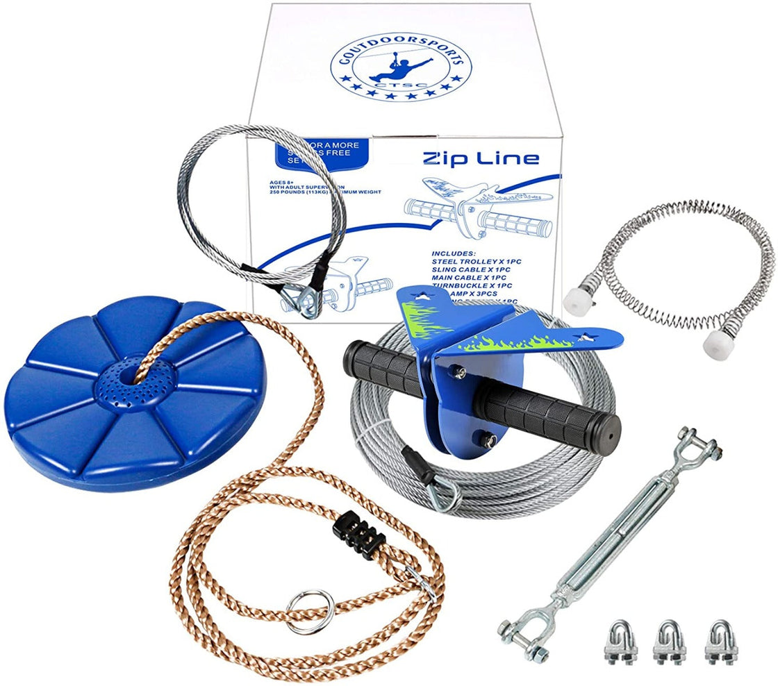 CTSC 110' Airplane Zip Line Kit with Spring Brake and Seat Zipline for Backyard Bring You Colorful Fun and Many Enjoyment (up to 250lbs)