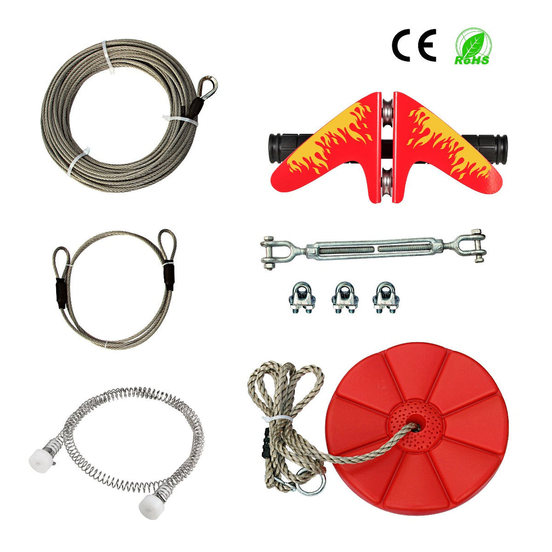 CTSC 110' Airplane Zip Line Kit with Spring Brake and Seat Zipline for Backyard Bring You Colorful Fun and Many Enjoyment (up to 250lbs)
