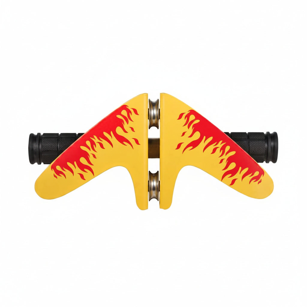 Yellow boomerang with red flame patterns on a white background