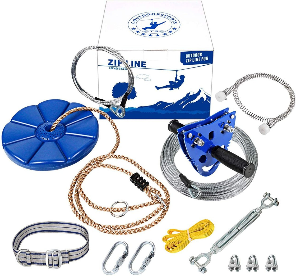 CTSC Upgraded 120ft Ziplines for Backyards with Seat and Spring Brake Zip Line Kit Come with Easy-to-Install Trolley and Tree Protetors (up to 250lbs)