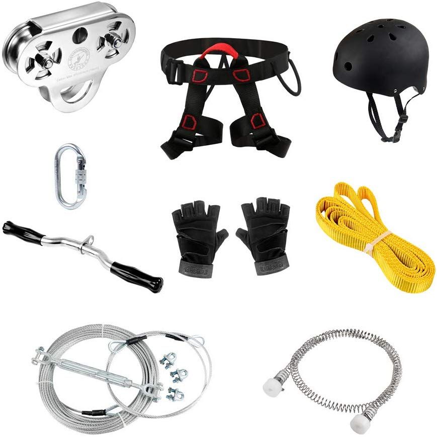 CTSC 150ft ~ 500ft Heavy Duty Commercial Zip Line Flying Fox Tyrolienne Creating Super Fun For Kids Adults Zipline With Harnesses Spring Brake Protective Gear (Max Cable Thickness 16mm-3/5in) Holiday Gift For Backyard Adventure Outdoor  (Up to 350lb)