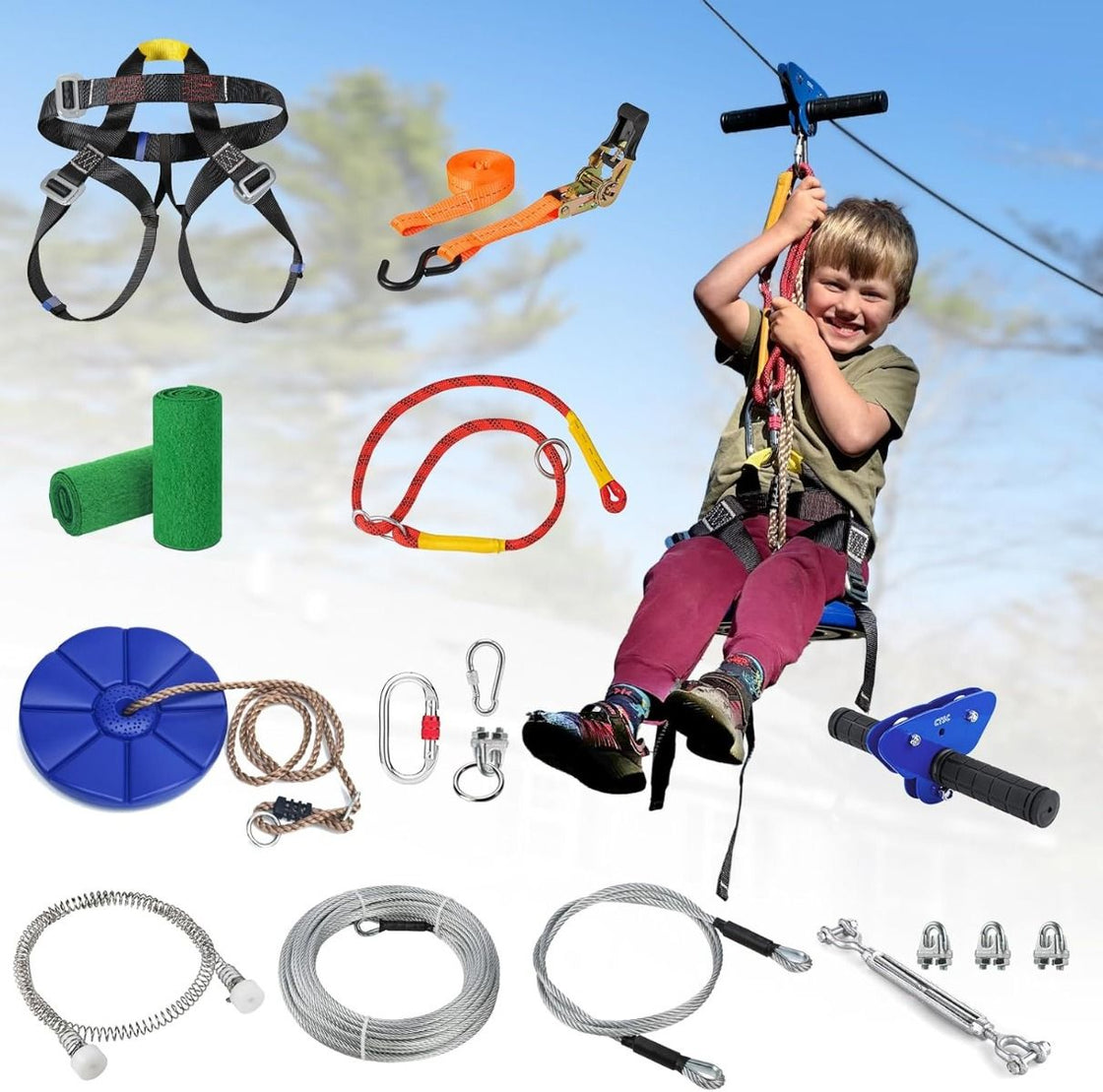 CTSC New 80ft ~ 250ft Backyard Zip Line Kit With Full Accessories For Kids Teenages Adults With Brake Seat Tree Protectors Cable Tensionin Kit Flying Fox Tyrolienne Perfect Holiday Toy Gifts (Up to 250lbs) (Blue)