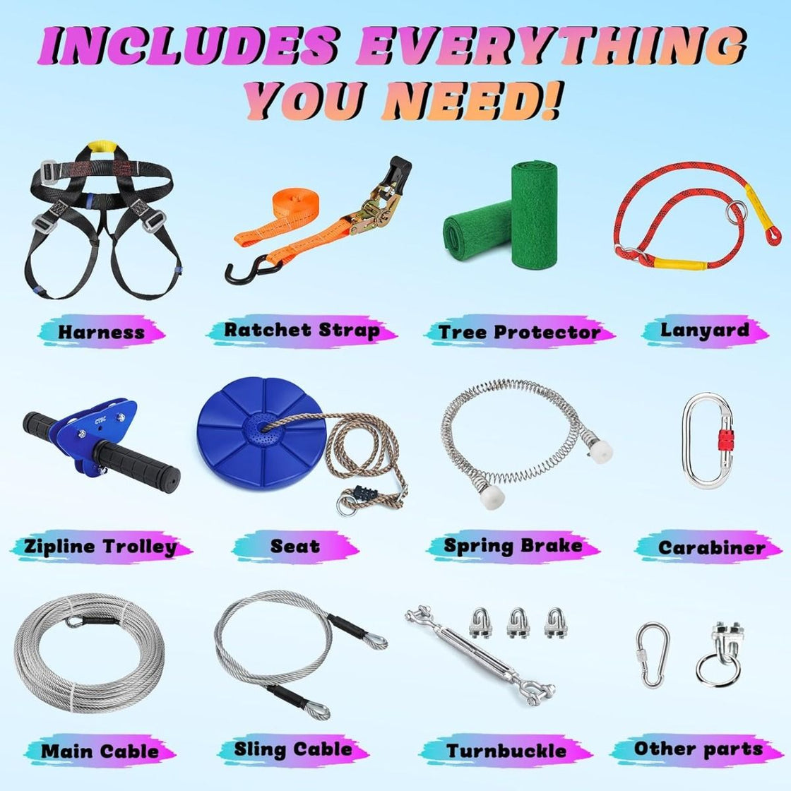 CTSC New 80ft ~ 250ft Backyard Zip Line Kit With Full Accessories For Kids Teenages Adults With Brake Seat Tree Protectors Cable Tensionin Kit Flying Fox Tyrolienne Perfect Holiday Toy Gifts (Up to 250lbs) (Blue)