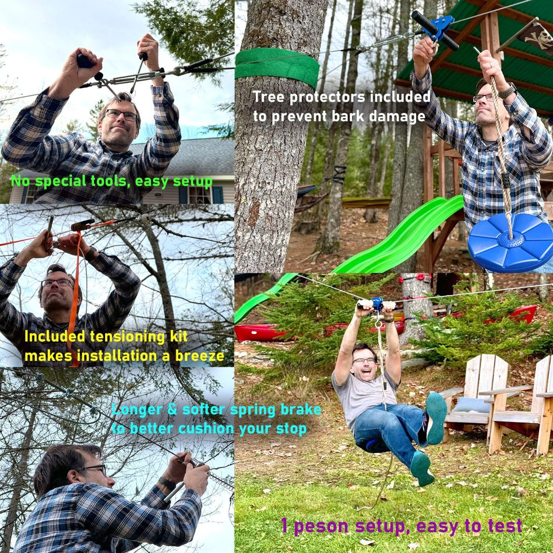 CTSC New 80ft ~ 250ft Backyard Zip Line Kit With Full Accessories For Kids Teenages Adults With Brake Seat Tree Protectors Cable Tensionin Kit Flying Fox Tyrolienne Perfect Holiday Toy Gifts (Up to 250lbs) (Blue)