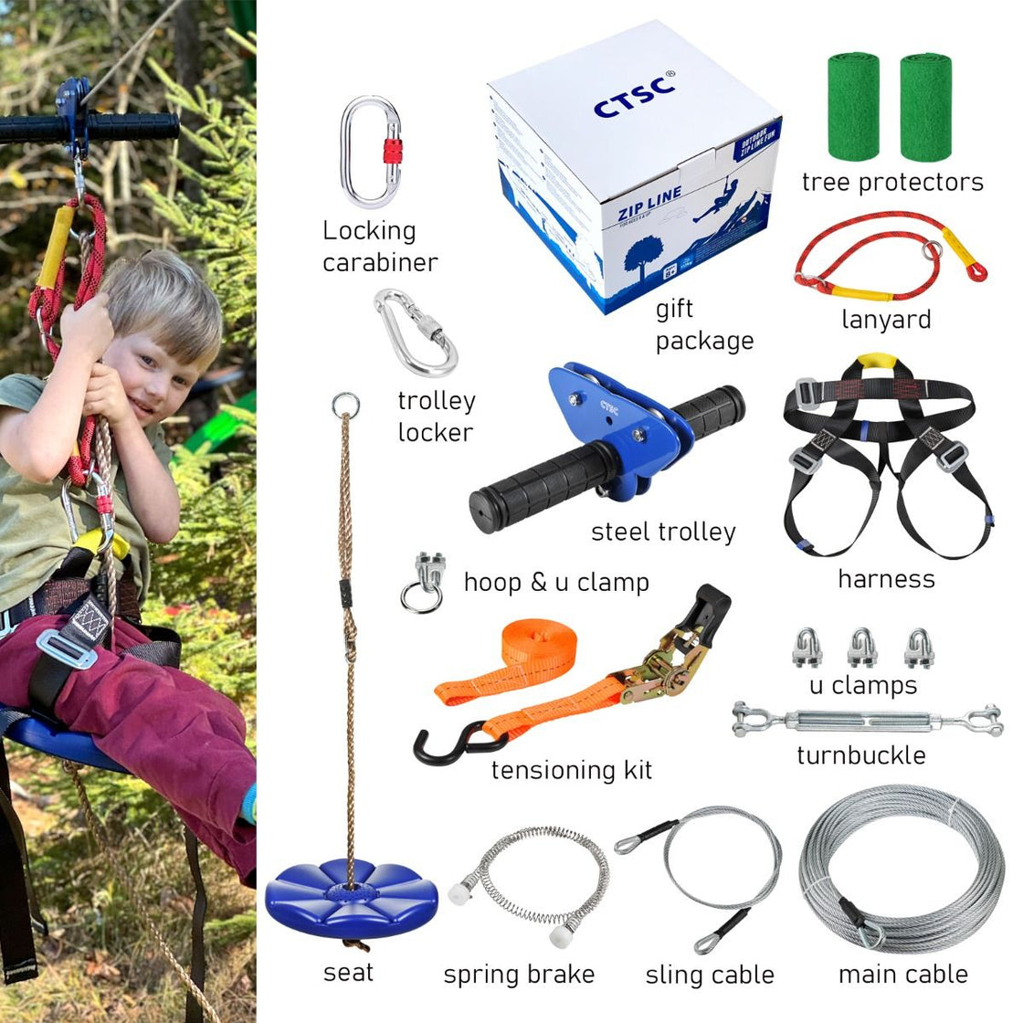 CTSC New 80ft ~ 250ft Backyard Zip Line Kit With Full Accessories For Kids Teenages Adults With Brake Seat Tree Protectors Cable Tensionin Kit Flying Fox Tyrolienne Perfect Holiday Toy Gifts (Up to 250lbs) (Blue)
