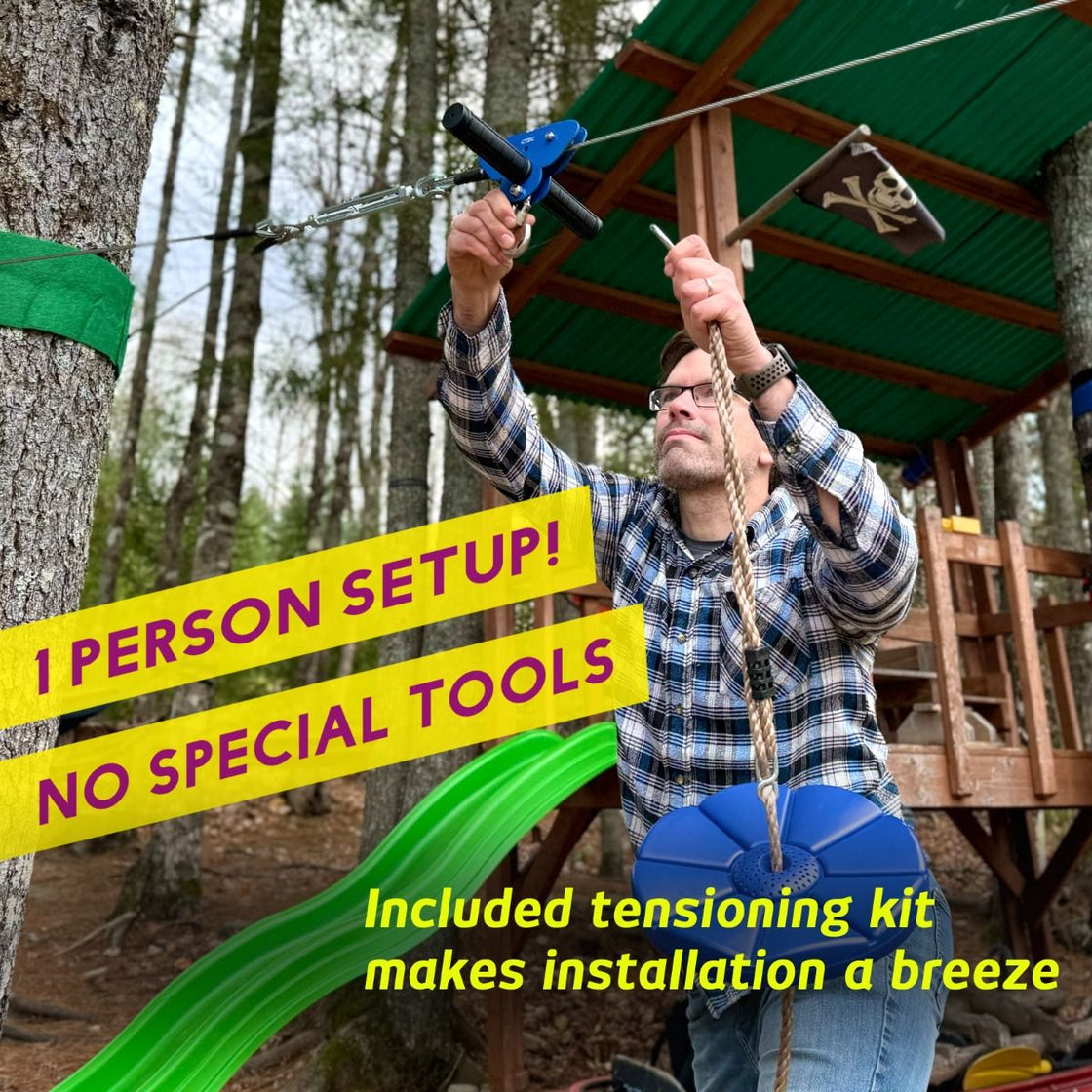 CTSC New 80ft ~ 250ft Backyard Zip Line Kit With Full Accessories For Kids Teenages Adults With Brake Seat Tree Protectors Cable Tensionin Kit Flying Fox Tyrolienne Perfect Holiday Toy Gifts (Up to 250lbs) (Blue)