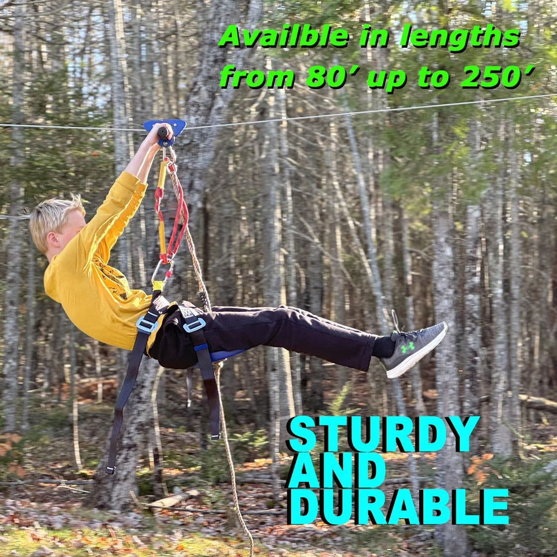 CTSC New 80ft ~ 250ft Backyard Zip Line Kit With Full Accessories For Kids Teenages Adults With Brake Seat Tree Protectors Cable Tensionin Kit Flying Fox Tyrolienne Perfect Holiday Toy Gifts (Up to 250lbs) (Blue)