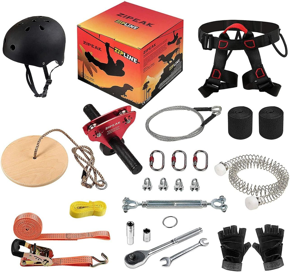 ZIPEAK 2026 Zip Line For Kids & Adults Zipline Kit Stainless Spring Brake Cable Tensioning Kit 2 Tree Protectors Wooden Seat and Full Set of Zipline Accessories Perfect Holiday Toy Gifts (Not Include Main Cable) (up to 350lbs) (RED)