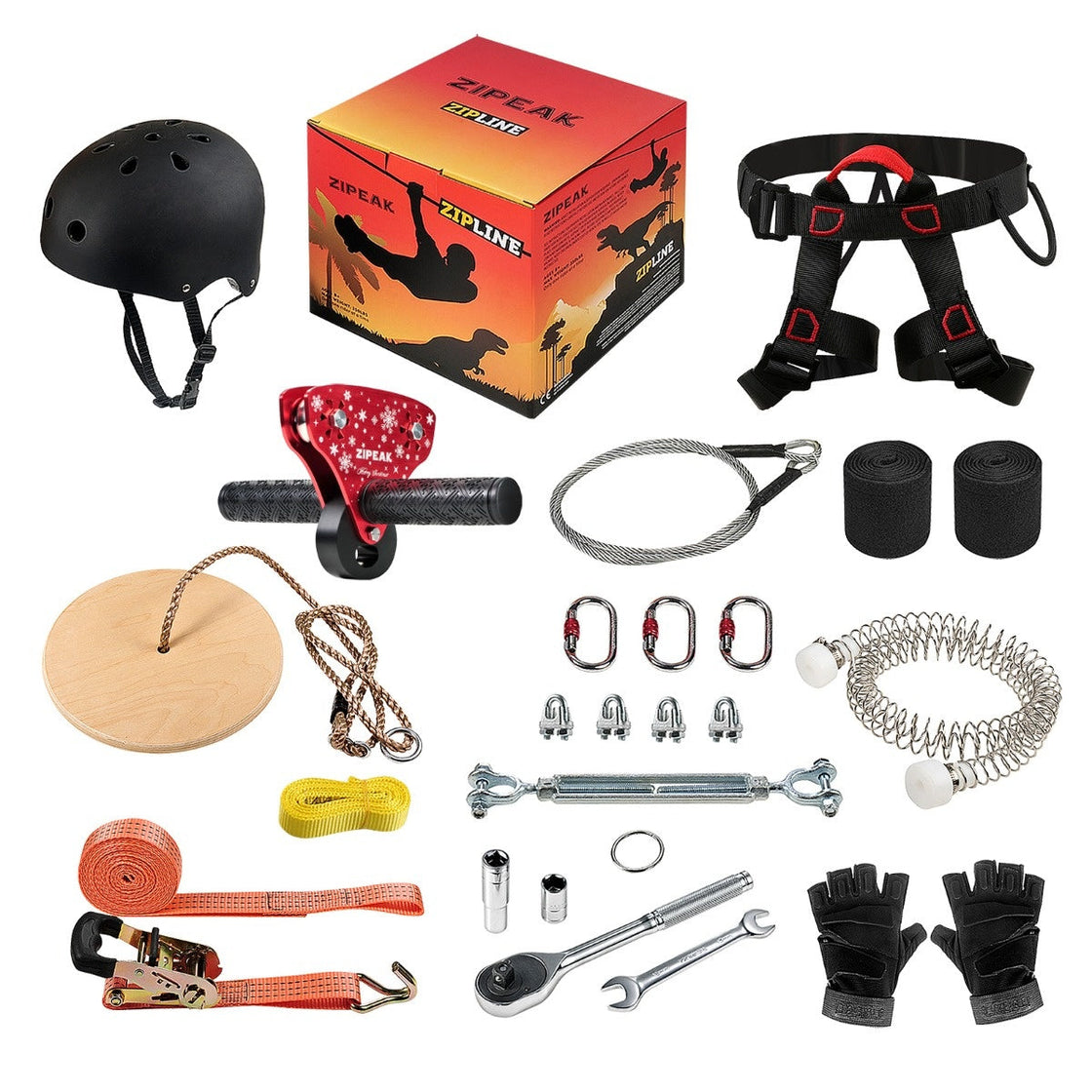 ZIPEAK Christmas Version Zip Line For Kids and Adults, Zipline Kits For Backyard With Spring Brake, Cable Tensioning Kit, 2 Tree Protectors, Wooden Seat Full Accessories Perfect Holiday Gift (Not Include Main Cable) (Up to 350lbs) (RED)