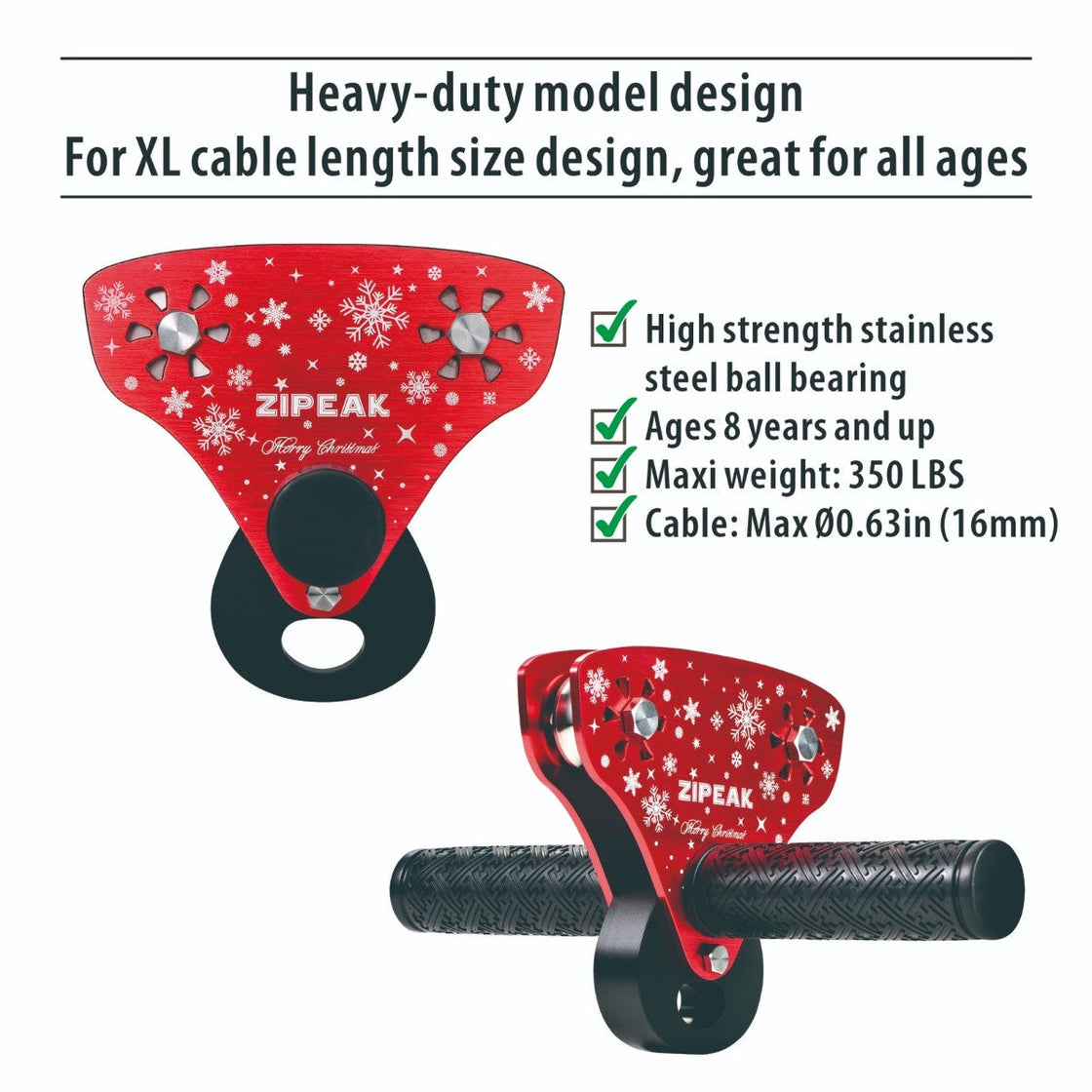 ZIPEAK Christmas Version Zip Line For Kids and Adults, Zipline Kits For Backyard With Spring Brake, Cable Tensioning Kit, 2 Tree Protectors, Wooden Seat Full Accessories Perfect Holiday Gift (Not Include Main Cable) (Up to 350lbs) (RED)