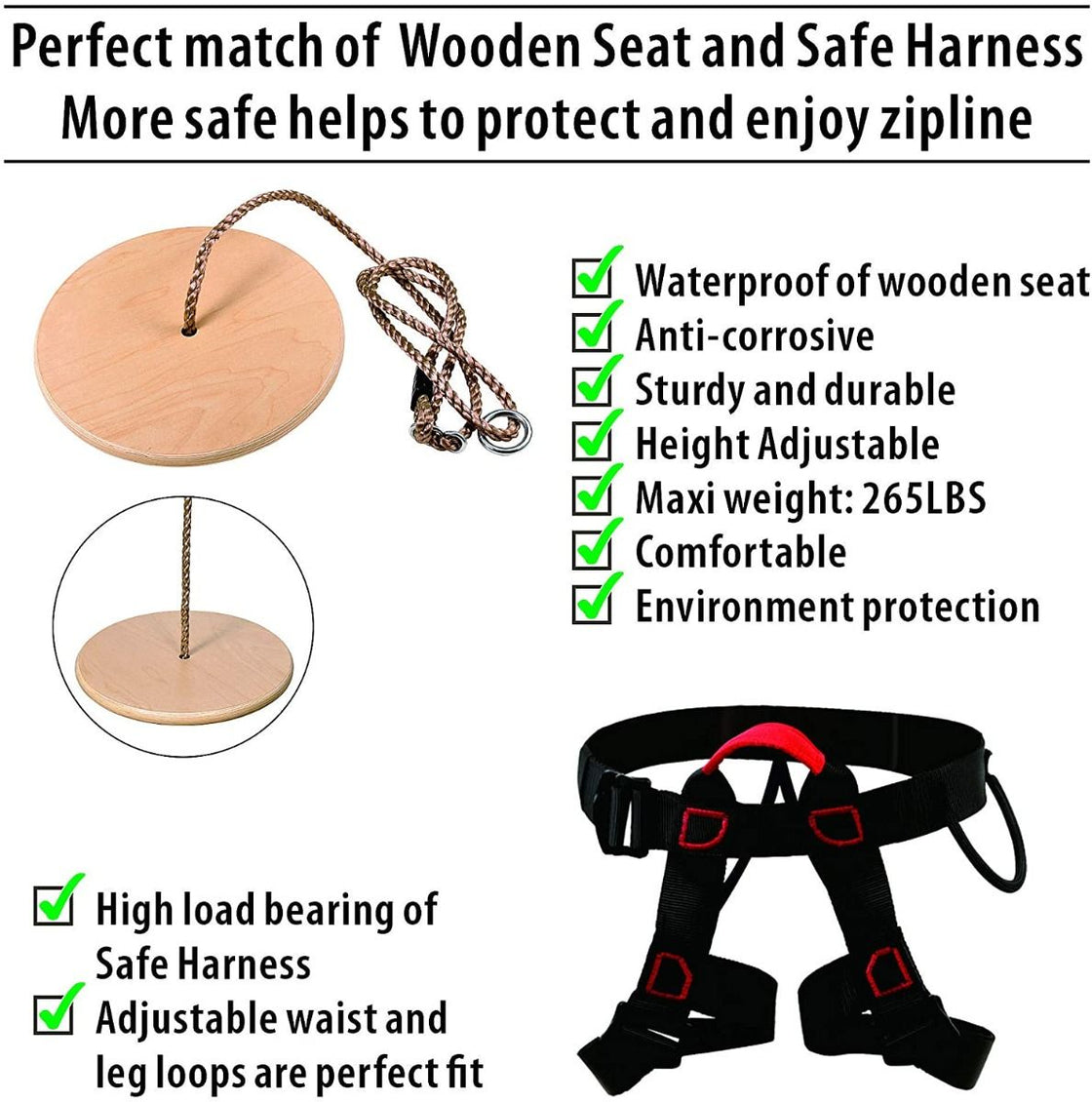 ZIPEAK Christmas Version Zip Line For Kids and Adults, Zipline Kits For Backyard With Spring Brake, Cable Tensioning Kit, 2 Tree Protectors, Wooden Seat Full Accessories Perfect Holiday Gift (Not Include Main Cable) (Up to 350lbs) (RED)
