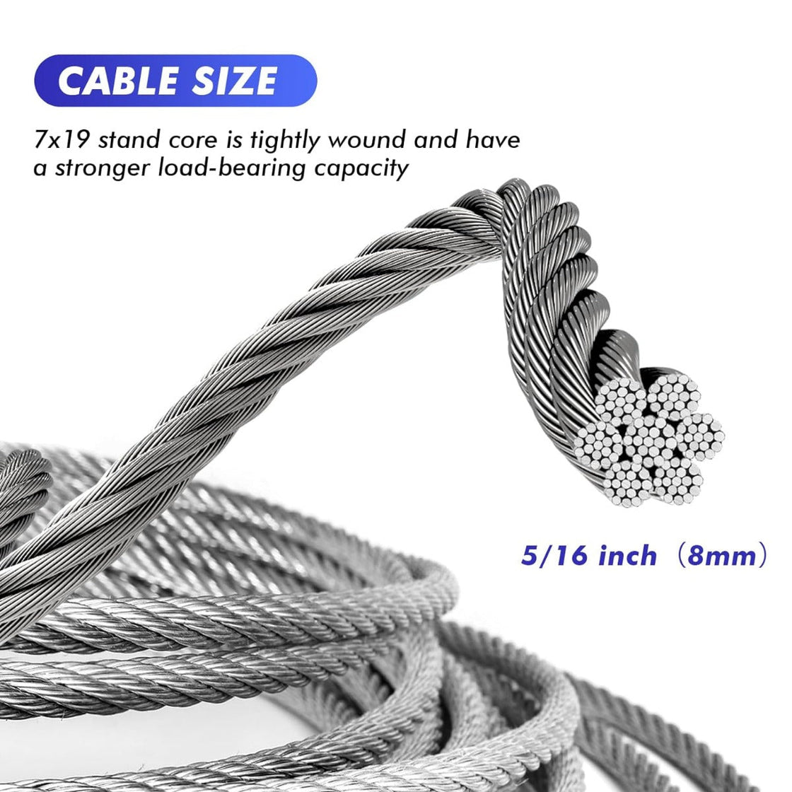 ZIPEAK Heavy-duty 5/16 Inch Aircraft Cable Galvanized Steel Zipline Cable with 7000 lbs Breaking Strength