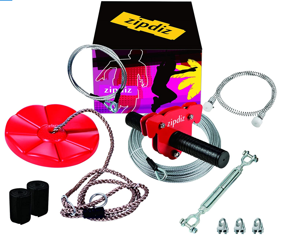 Zipdiz 95ft Backyard Zipline Kit with 5.9ft Spring Brake and Seat, Zip Line Kits with 2 Tree Protectors, Zipline for Backyard with 1/4" Cable, Up to 250lbs