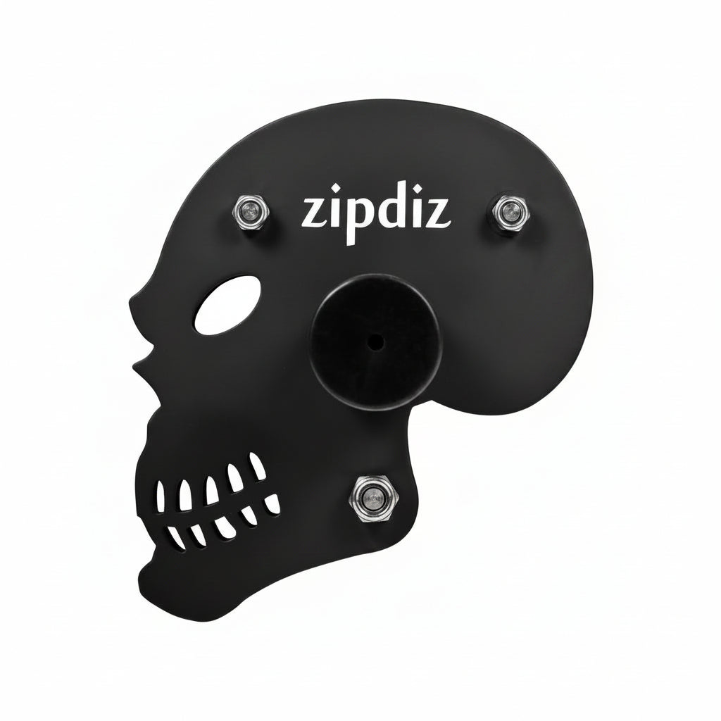 Black skull-shaped object with 'zipdiz' branding on a white background