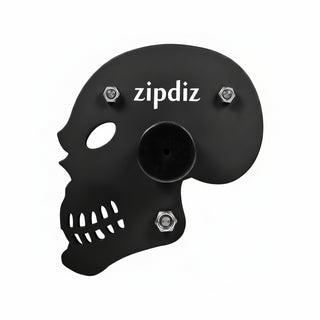 Black skull-shaped object with 'zipdiz' branding on a white background