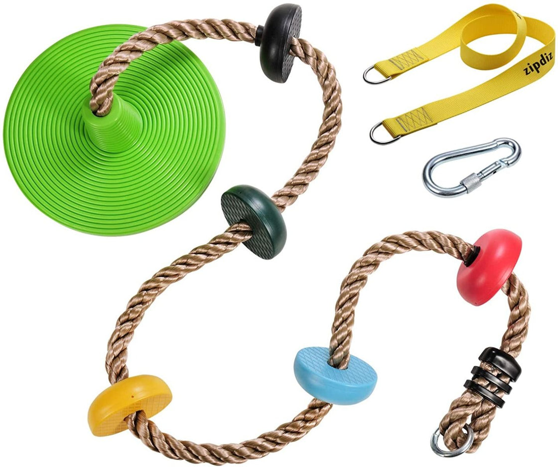 Zipdiz 6.56 ft Tree Climbing Rope with 5 Multicolor Platforms and Kids Disc Swing Seat, Adjustable Tree Swing Disc with 4.1 ft Hanging Strap, Locking Carabiner, Toy Gift Fun Outdoor Backyard Accessories (Green)