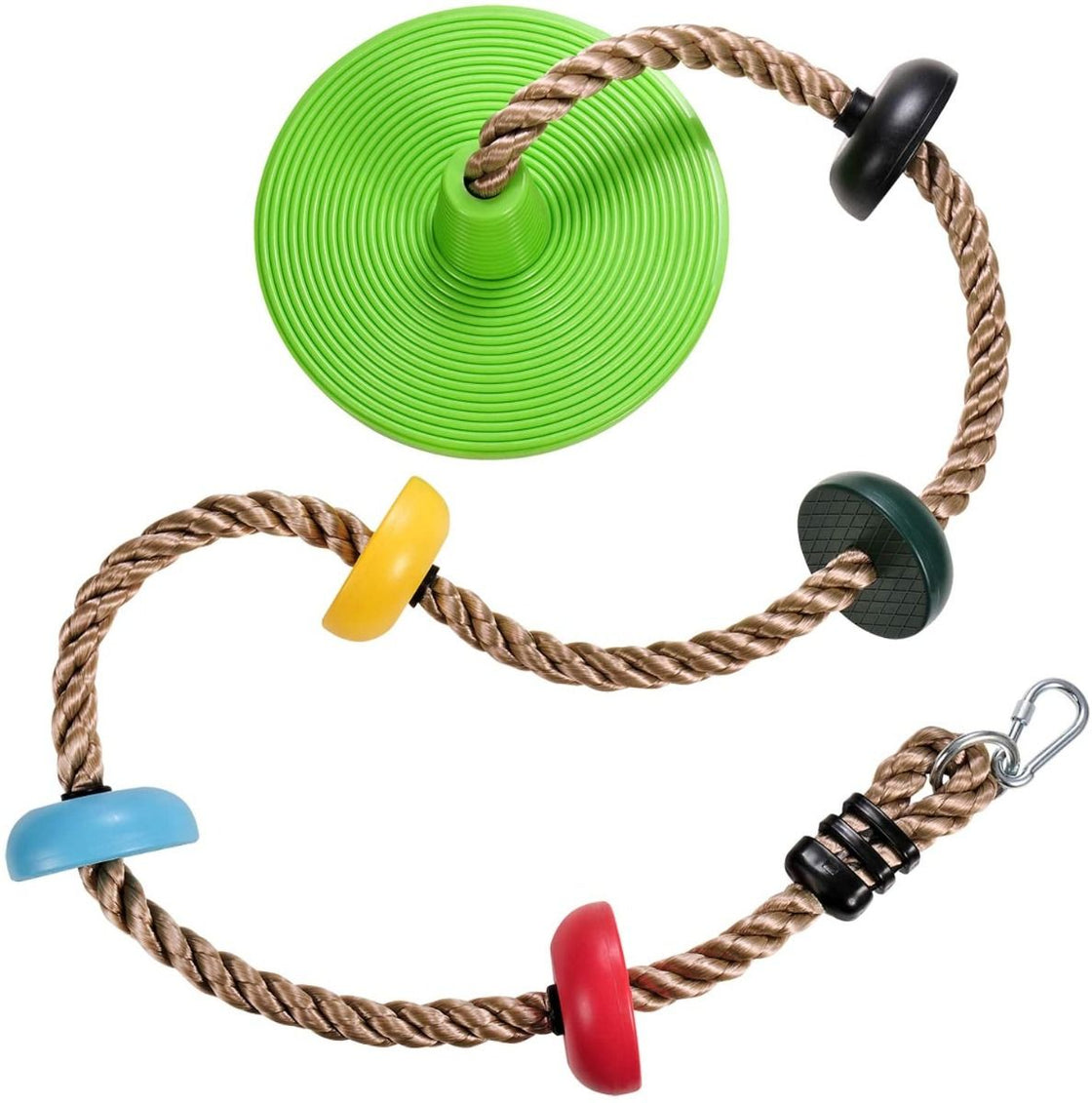 Zipdiz 6.56 ft Tree Climbing Rope with 5 Multicolor Platforms and Kids Disc Swing Seat, Adjustable Tree Swing Disc with 4.1 ft Hanging Strap, Locking Carabiner, Toy Gift Fun Outdoor Backyard Accessories (Green)