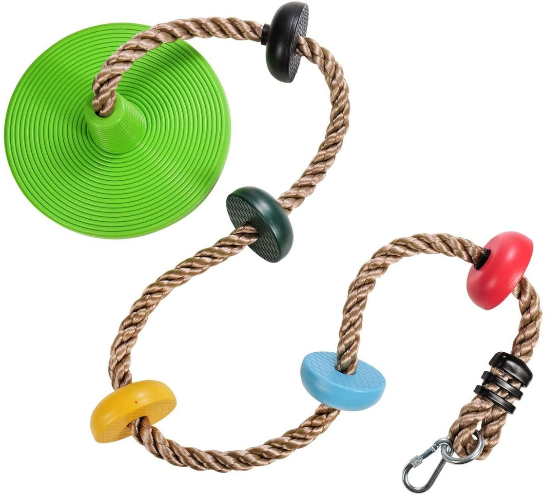 Zipdiz 6.56 ft Tree Climbing Rope with 5 Multicolor Platforms and Kids Disc Swing Seat, Adjustable Tree Swing Disc with 4.1 ft Hanging Strap, Locking Carabiner, Toy Gift Fun Outdoor Backyard Accessories (Green)