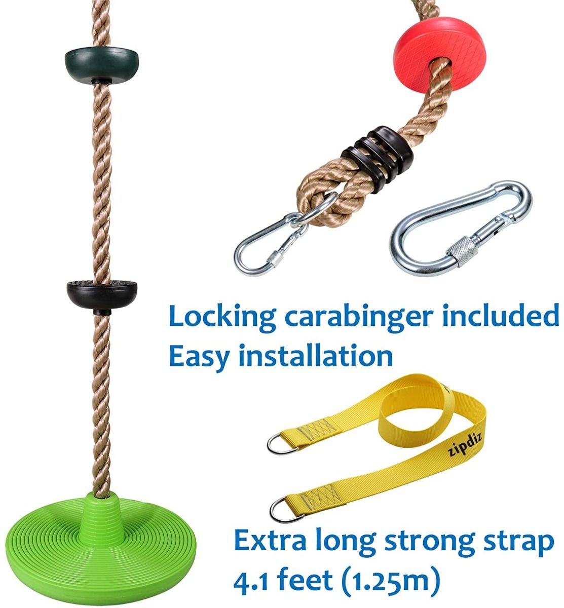 Zipdiz 6.56 ft Tree Climbing Rope with 5 Multicolor Platforms and Kids Disc Swing Seat, Adjustable Tree Swing Disc with 4.1 ft Hanging Strap, Locking Carabiner, Toy Gift Fun Outdoor Backyard Accessories (Green)