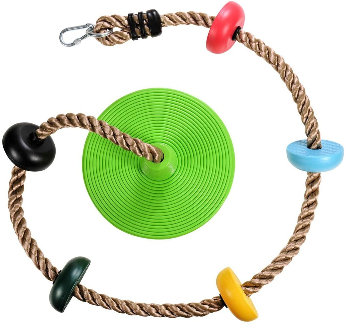 Zipdiz 6.56 ft Tree Climbing Rope with 5 Multicolor Platforms and Kids Disc Swing Seat, Adjustable Tree Swing Disc with 4.1 ft Hanging Strap, Locking Carabiner, Toy Gift Fun Outdoor Backyard Accessories (Green)
