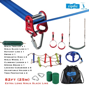Zipdiz Ninja Slackline Kit with Full Accessories Ninja Slider Slackline Pulley Spring Brake Colorful Fun For The Whole Family New (up to 250lbs) (RED)