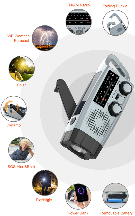 Prefect Outdoor Traveling Kit: Multi-function Dynamo Emergency Radio with Solar, Dynamo, USB Charge, FM/AM Radio, WB Weather Forecast, Flashlight Siren/Blink and More