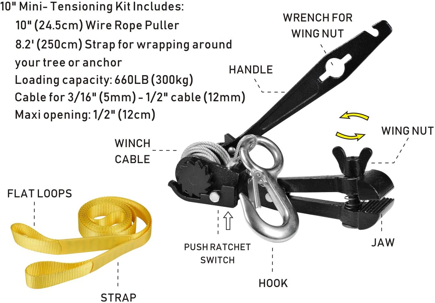 CTSC Zipline Cable Tensioning Kit - Zipline Installation Kits for Backyard with Mini Ratchet with Winch, Cable Grip for 3/16" to 1/2" Lines & Protective Tree Sling - Ultimate Zip Lines Tensioner Gear