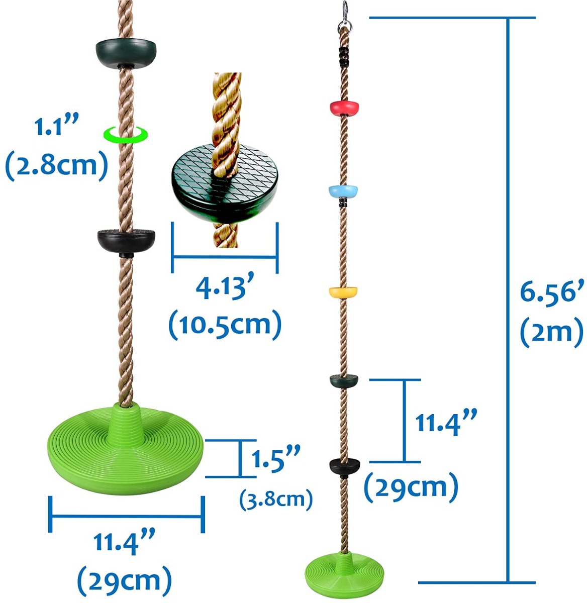 Zipdiz 6.56 ft Tree Climbing Rope with 5 Multicolor Platforms and Kids Disc  Swing Seat, Adjustable Tree Swing Disc with 4.1 ft Hanging Strap, Locking  Carabiner, Fun Outdoor Backyard Accessories(Green)